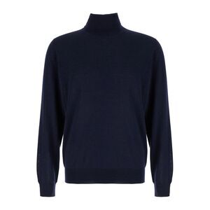Plain Men Blue Turtleneck Sweater In Merino Wool And Silk Blend Man